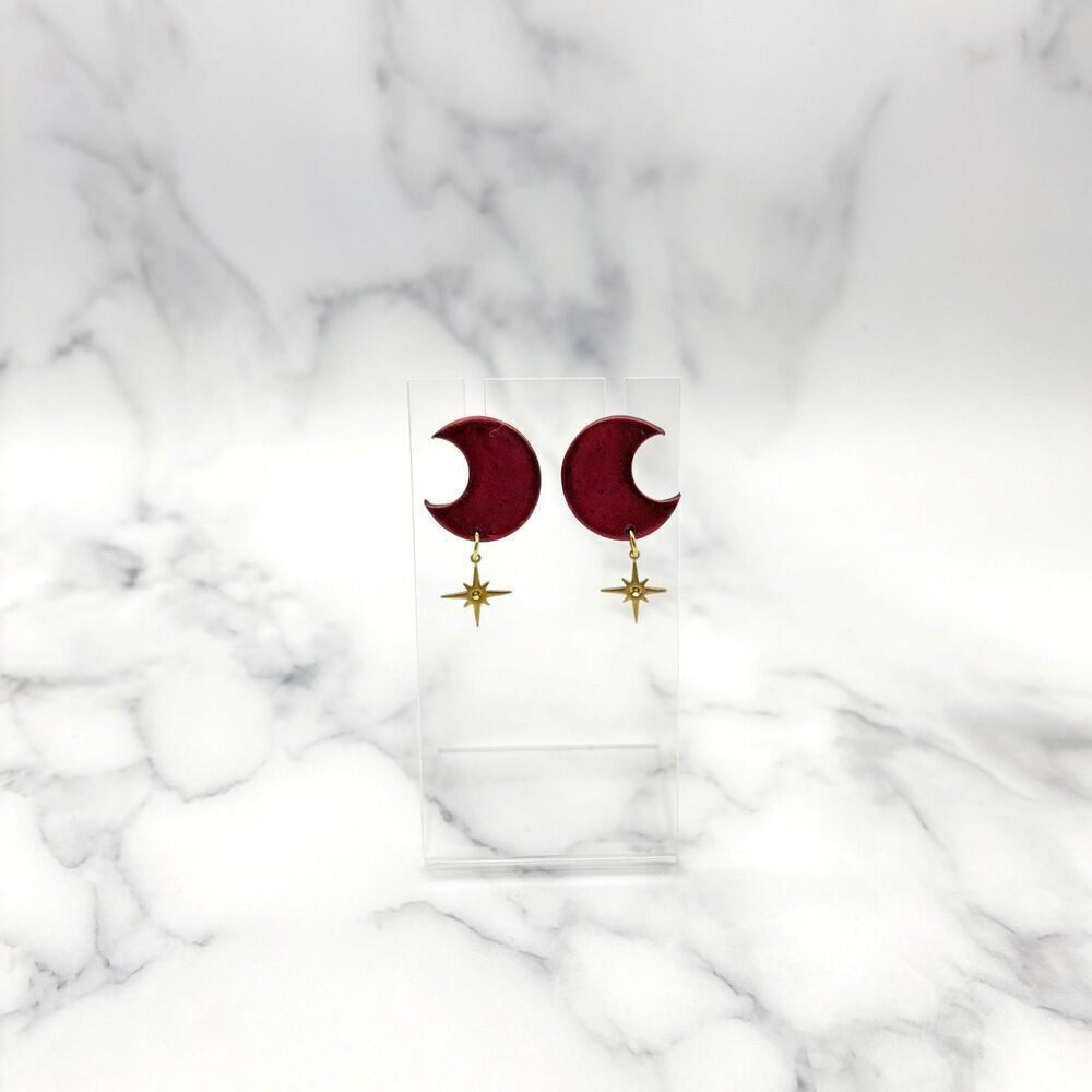 Red Moon and Star Dangle Earrings | Polymer Clay Crescent Jewelry - Picture 5 of 11